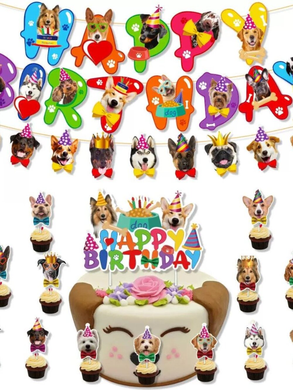 Dog Colorful Themed Birthday Party Decorations Set – Banner, Garland & Toppers